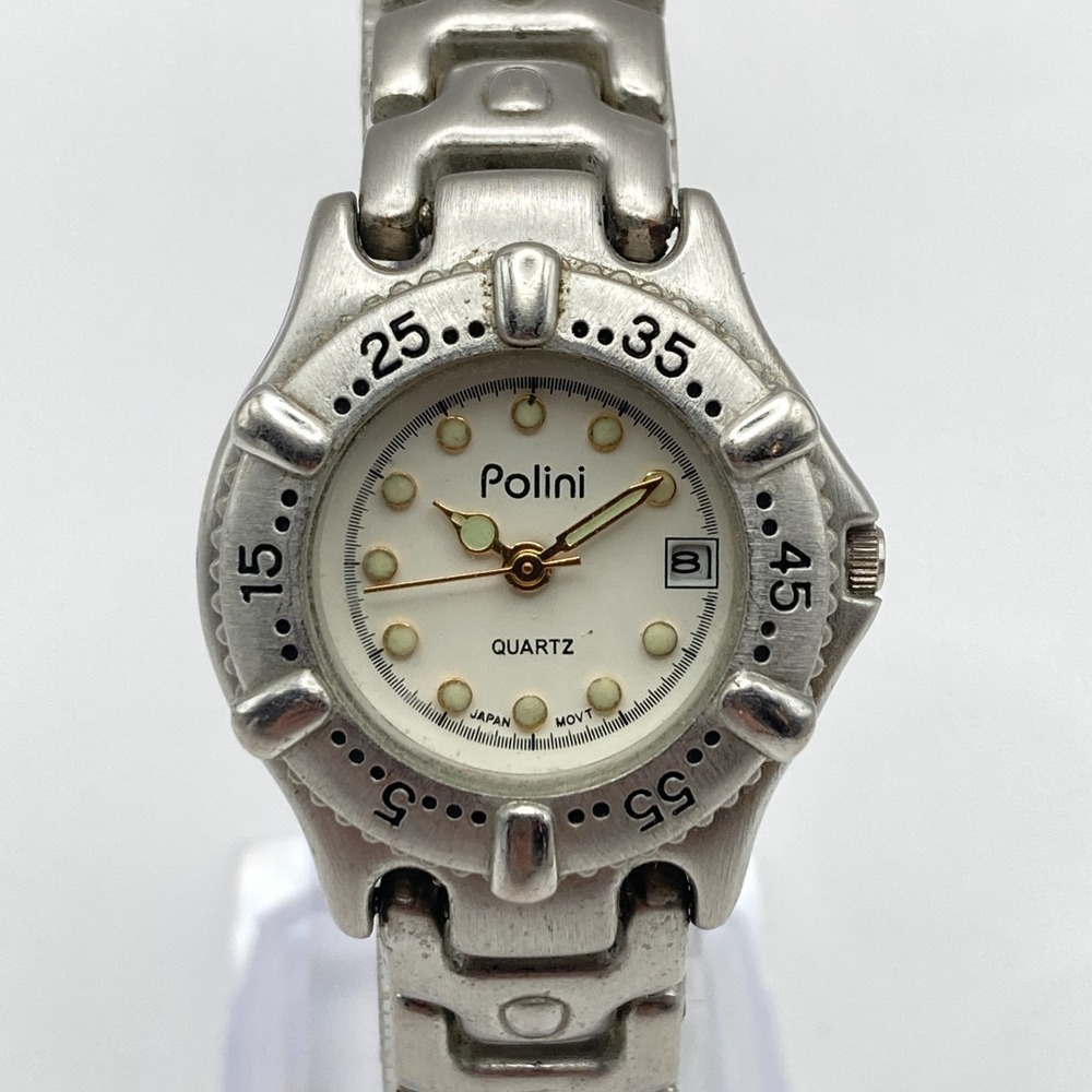 Vintage Polini Women's Watch 27mm Silver Tone Diver Style Date New Battery 6.25"
